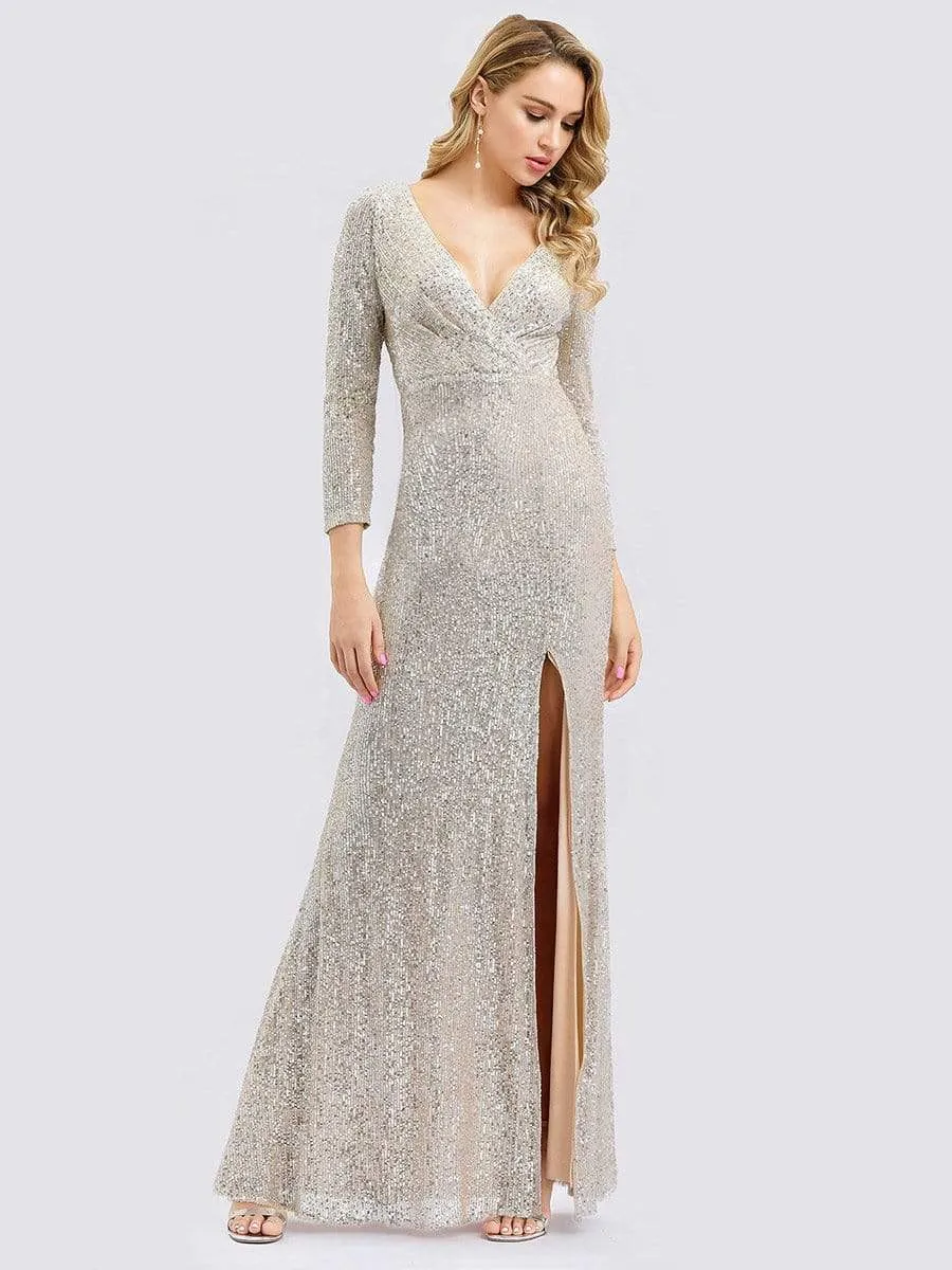 Shiny V Neck Sequin Evening Party Dress with Long Sleeve