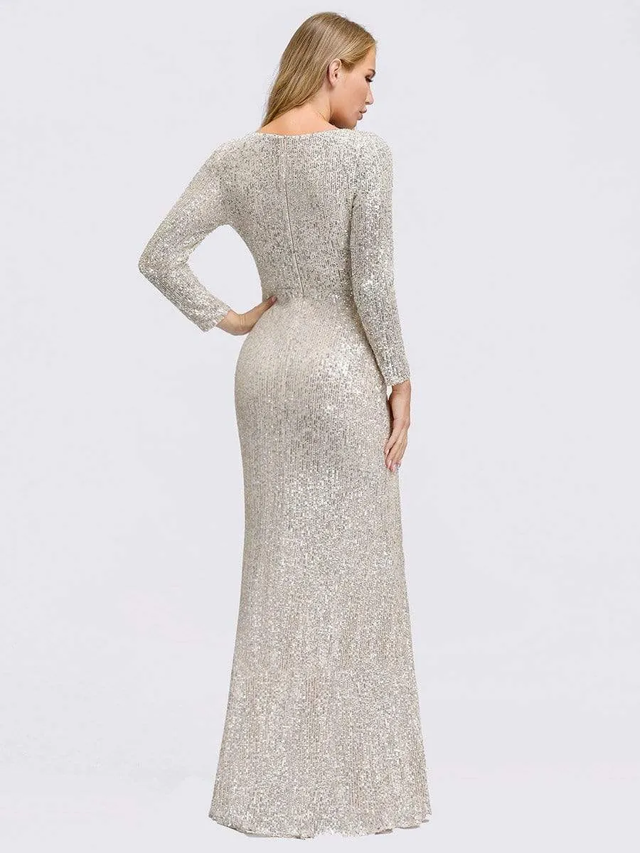 Shiny V Neck Sequin Evening Party Dress with Long Sleeve