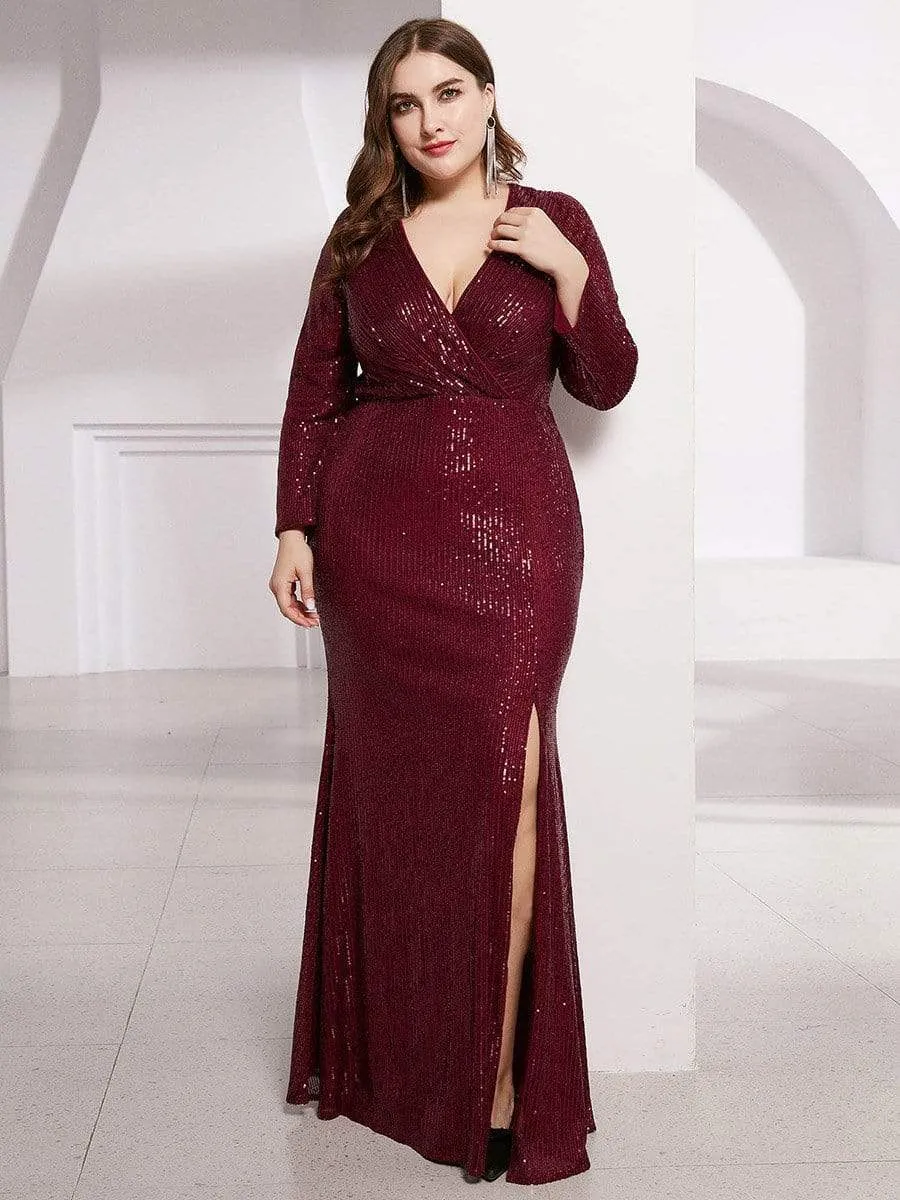 Shiny V Neck Sequin Evening Party Dress with Long Sleeve