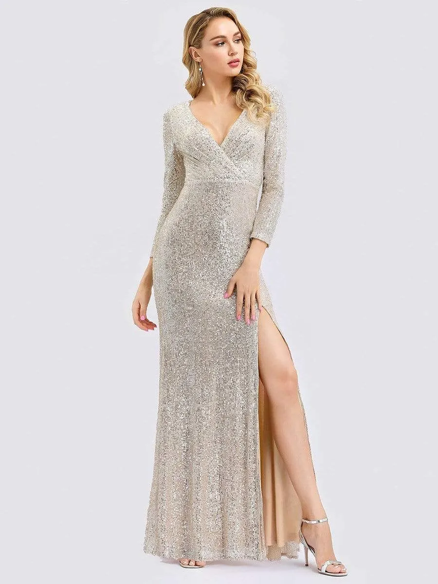 Shiny V Neck Sequin Evening Party Dress with Long Sleeve