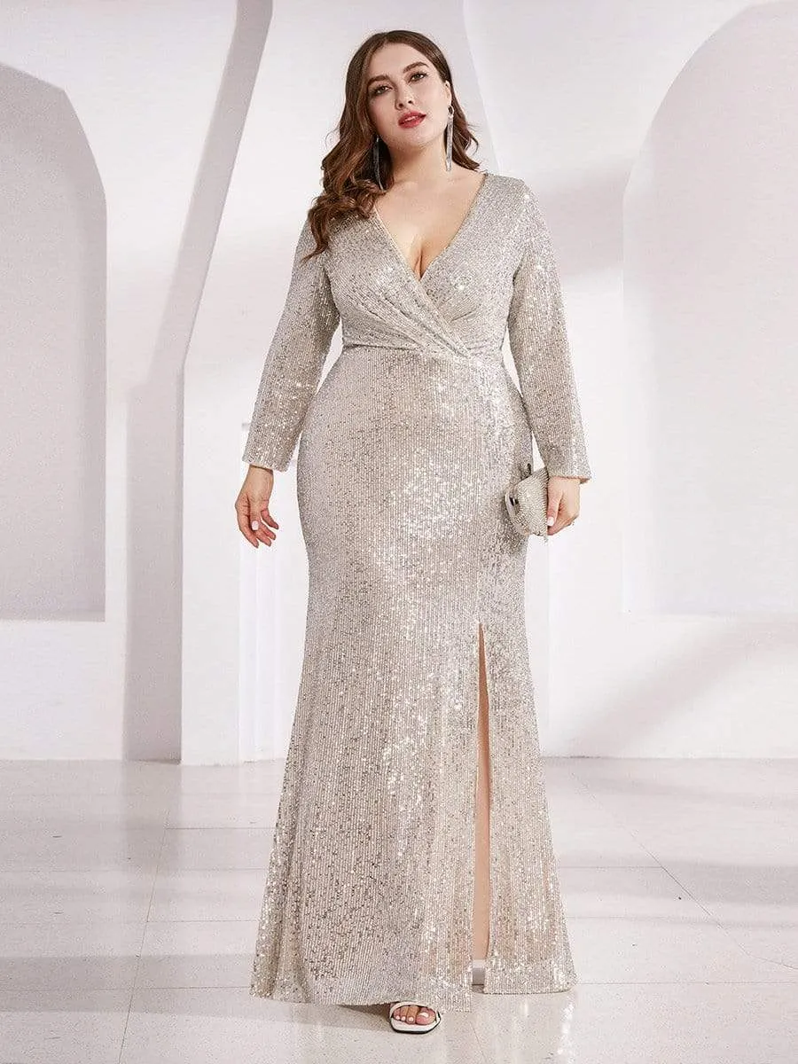 Shiny V Neck Sequin Evening Party Dress with Long Sleeve