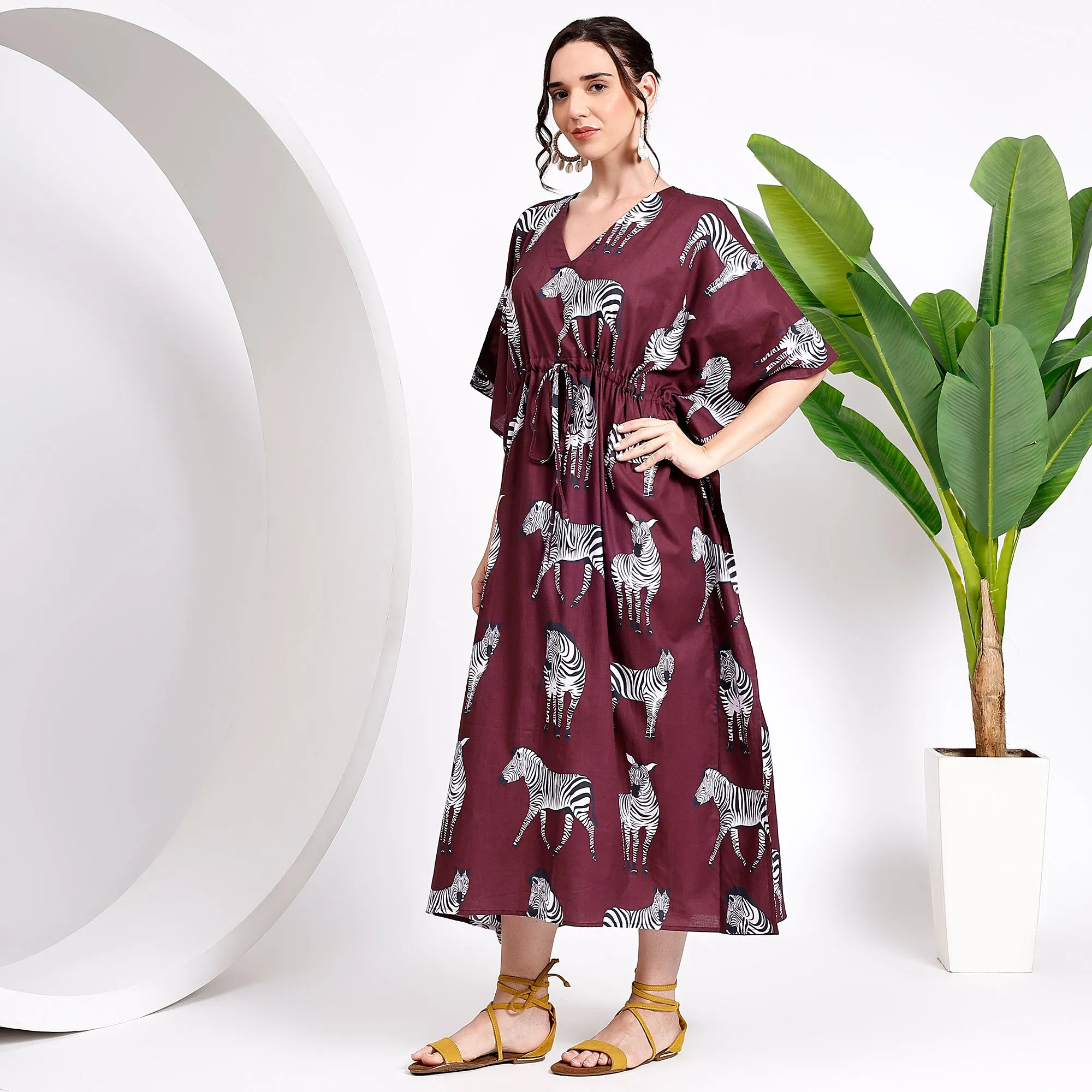 Shop the Bold Wine Zebra Print Kaftan – Stand Out in Style!