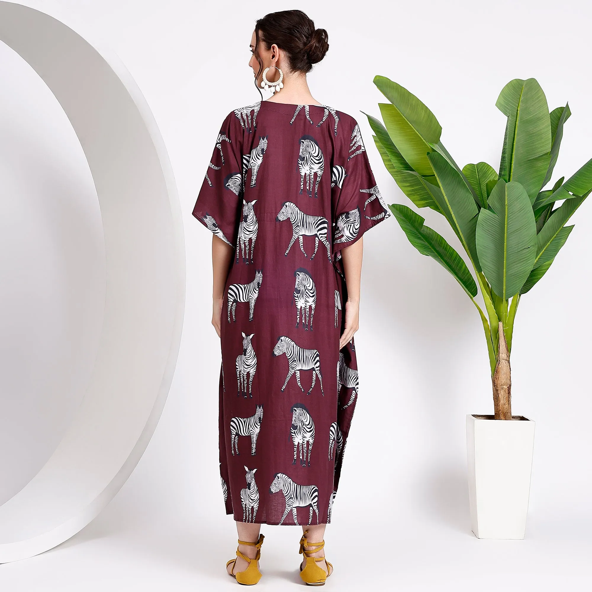 Shop the Bold Wine Zebra Print Kaftan – Stand Out in Style!
