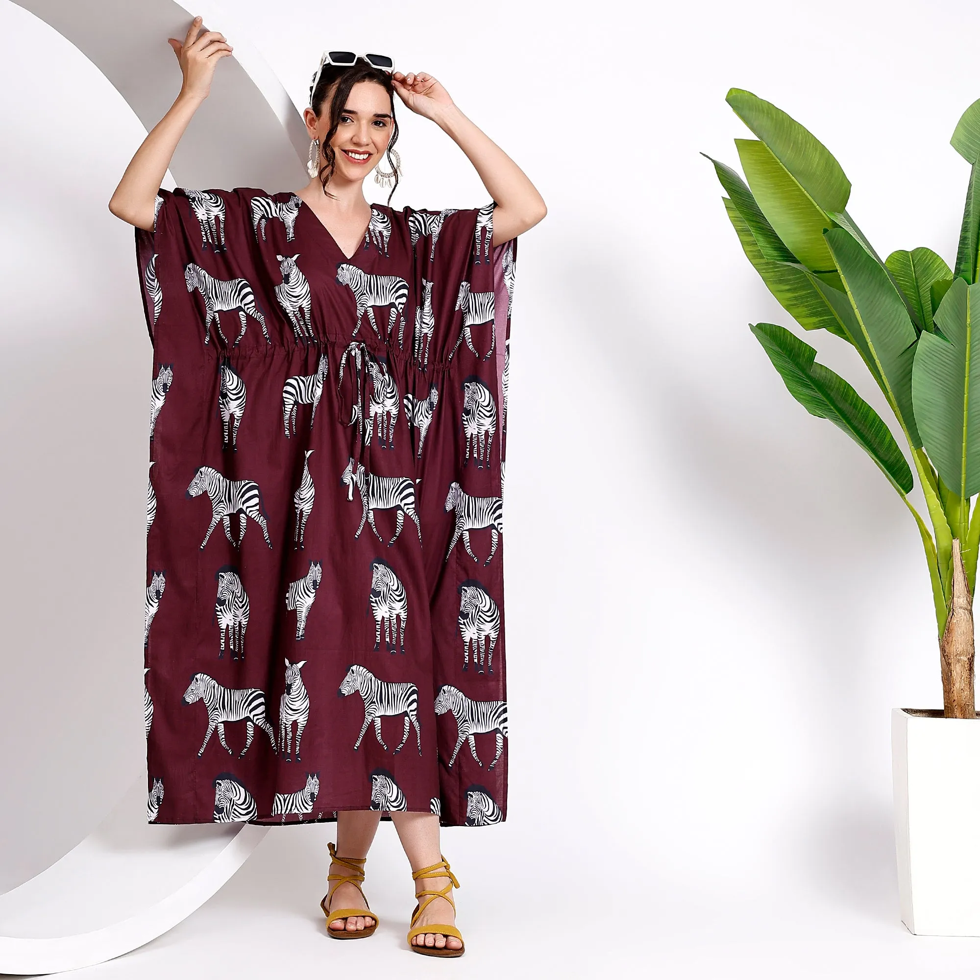 Shop the Bold Wine Zebra Print Kaftan – Stand Out in Style!
