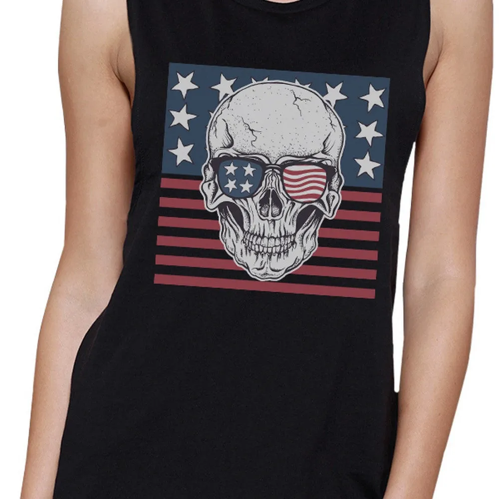 Skull American Flag Womens Black Muscle Tee Crew Neck Line Cotton