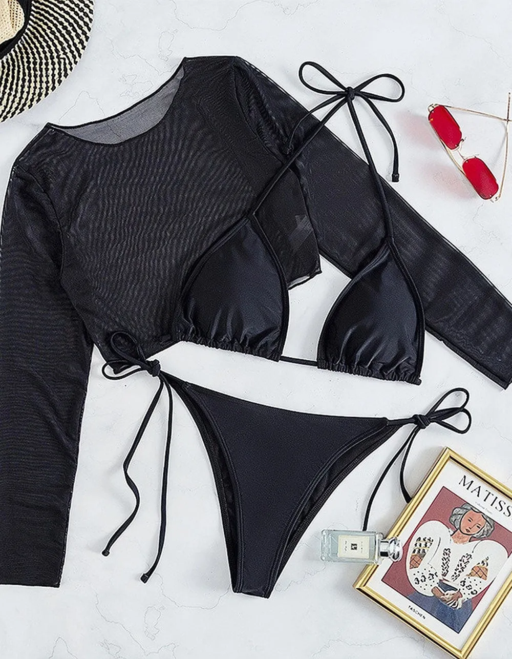 Solid-color Long Sleeve Mesh Tie Side Three-Piece Bikini Swimwear Sets