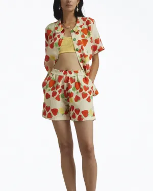 Strawberry-Print Linen-Blend Shorts in Beige | Beige
