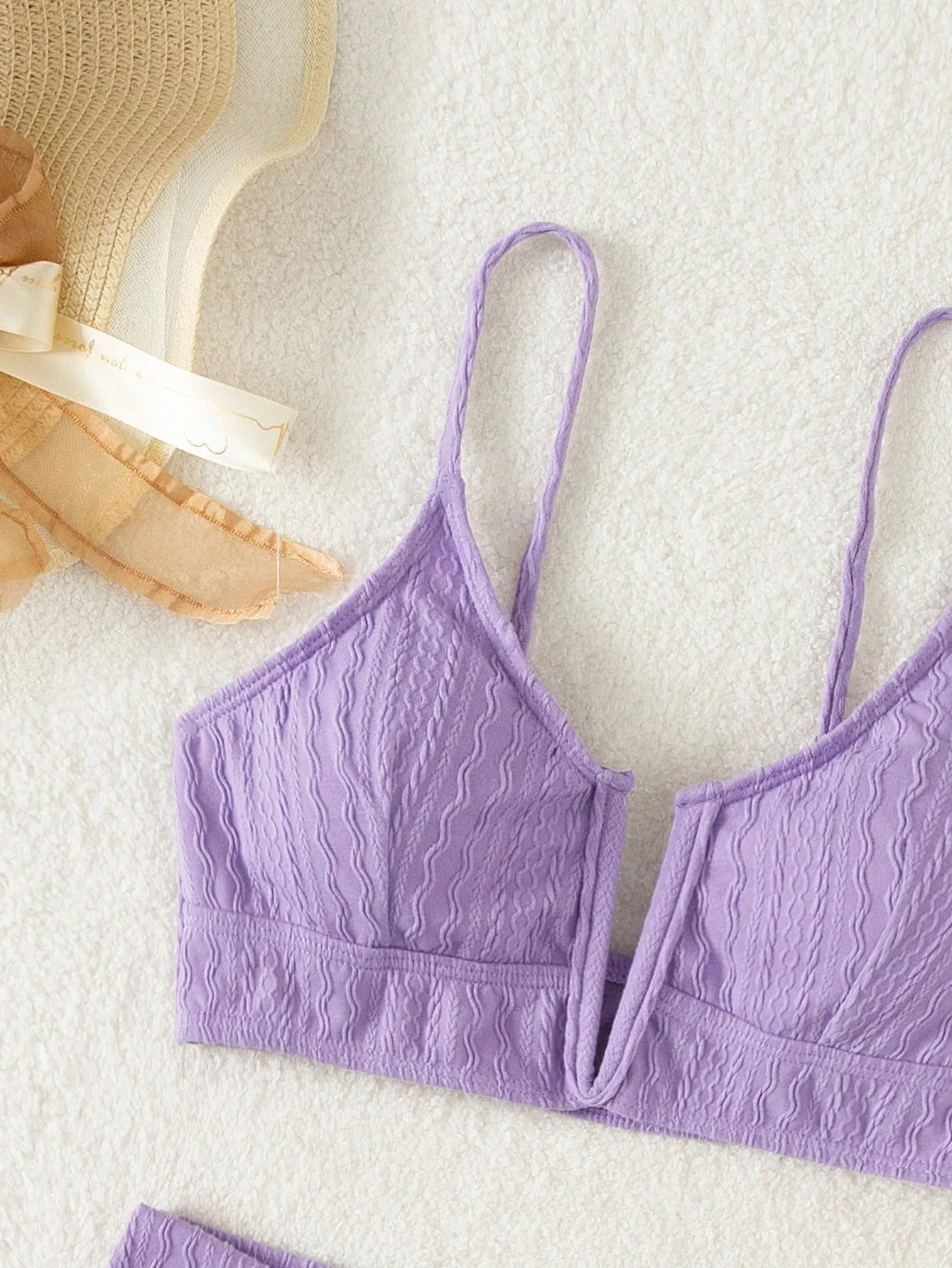 Swim Summer Beach Textured Bikini Set V Wired Bra & Hipster Bottom 2 Piece Bathing Suit