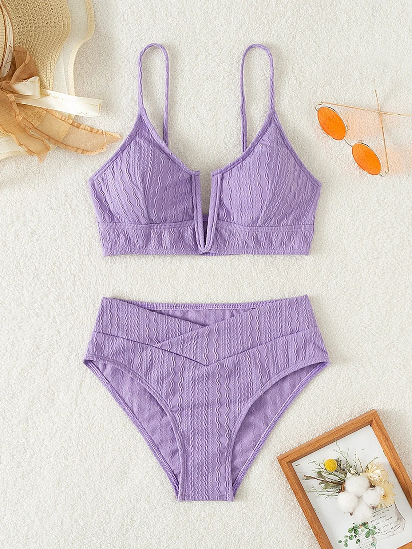 Swim Summer Beach Textured Bikini Set V Wired Bra & Hipster Bottom 2 Piece Bathing Suit
