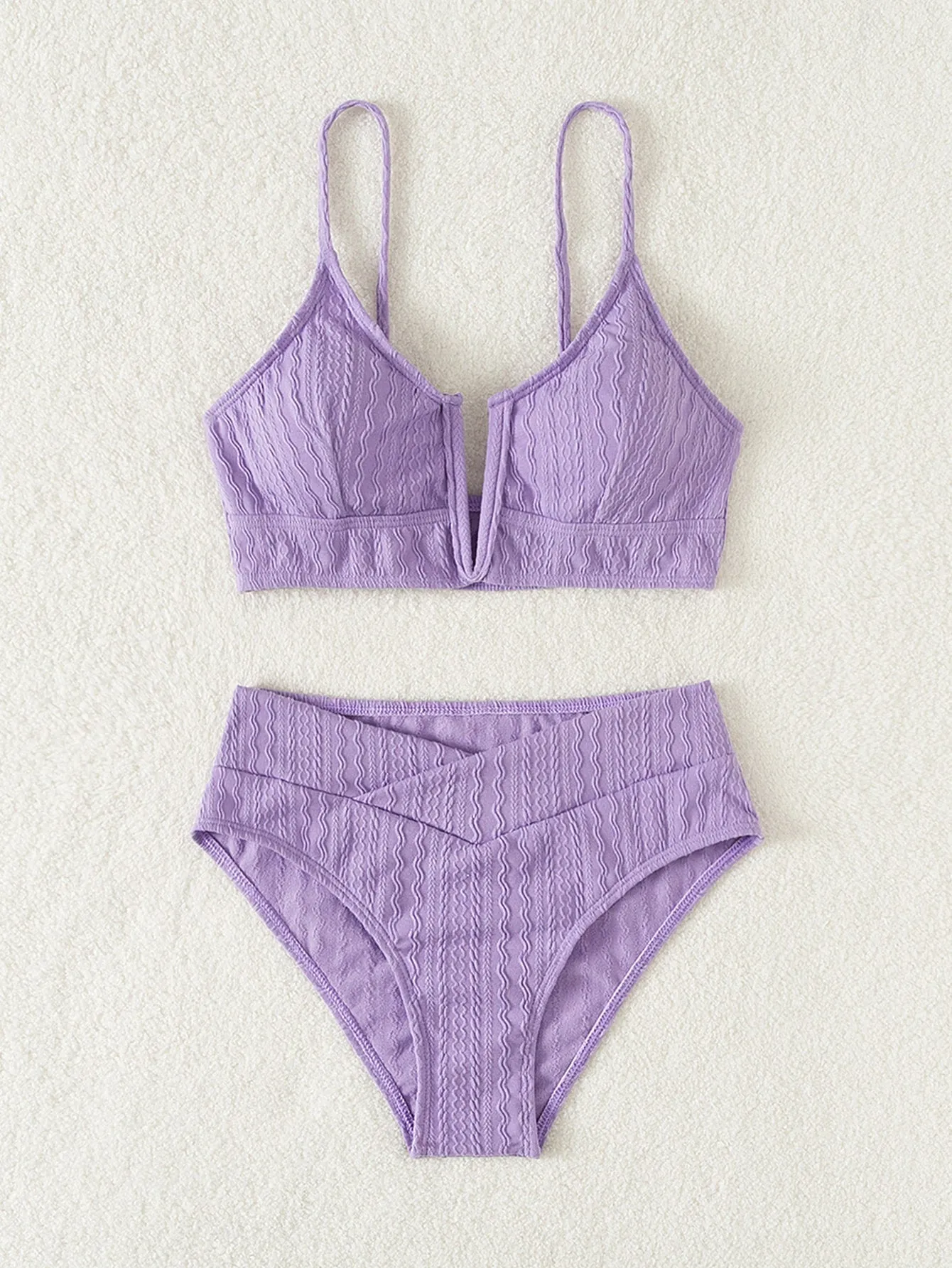 Swim Summer Beach Textured Bikini Set V Wired Bra & Hipster Bottom 2 Piece Bathing Suit