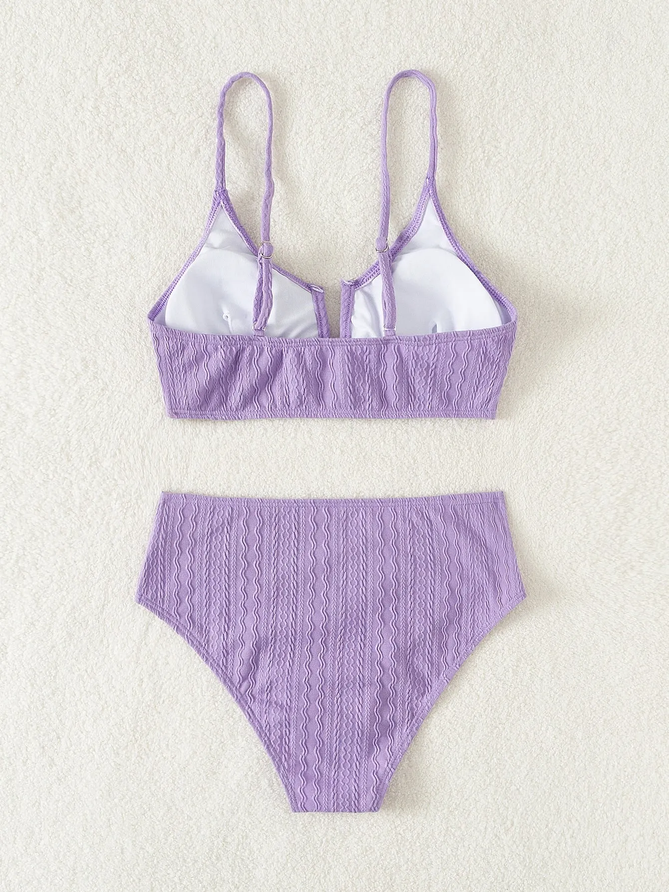 Swim Summer Beach Textured Bikini Set V Wired Bra & Hipster Bottom 2 Piece Bathing Suit