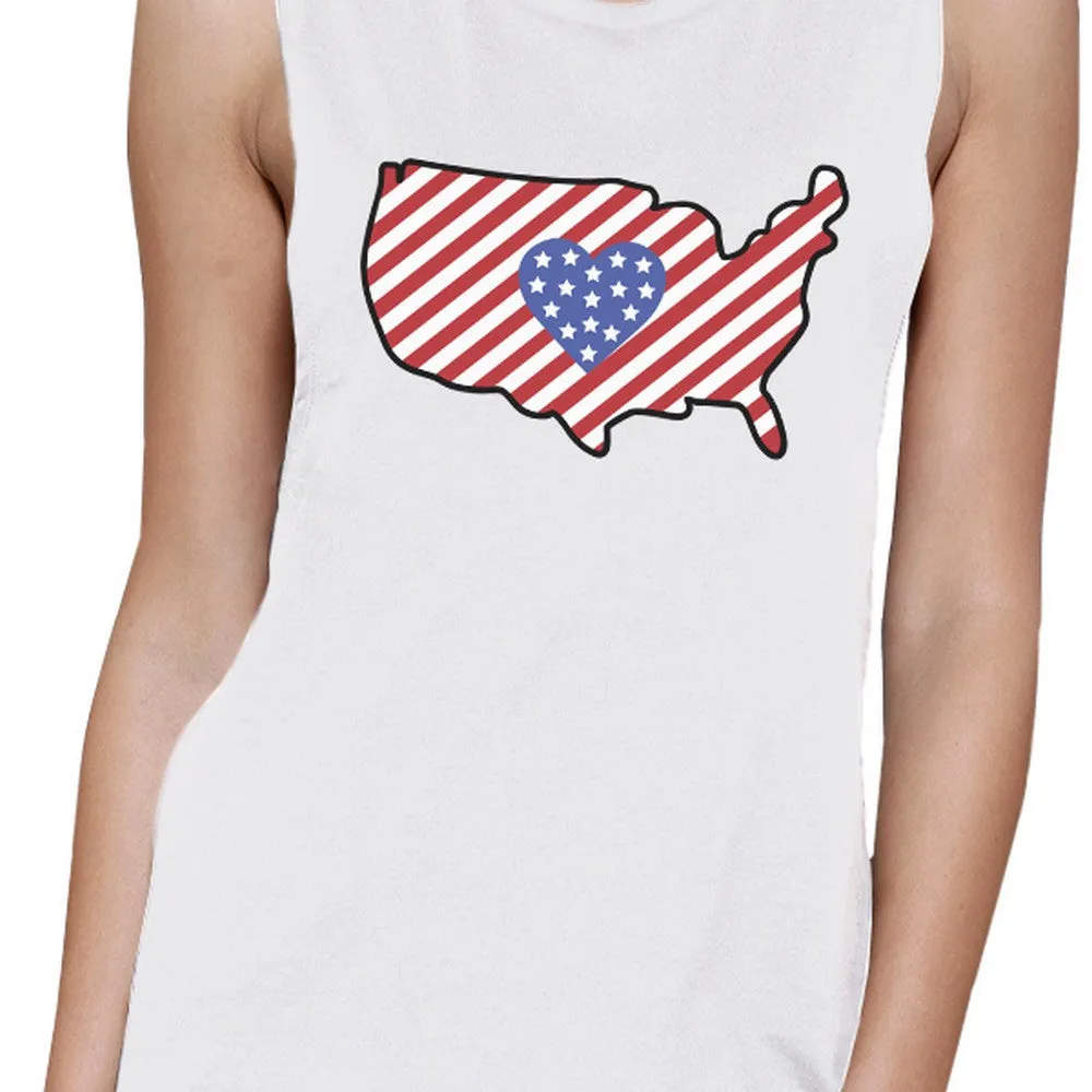 USA Map Cute American Flag With Heart Womens White Muscle Tanks