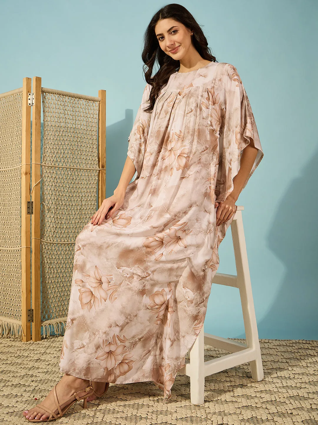 Women's Beige Viscose Rayon Floral Kaftan - The Kaftan Company