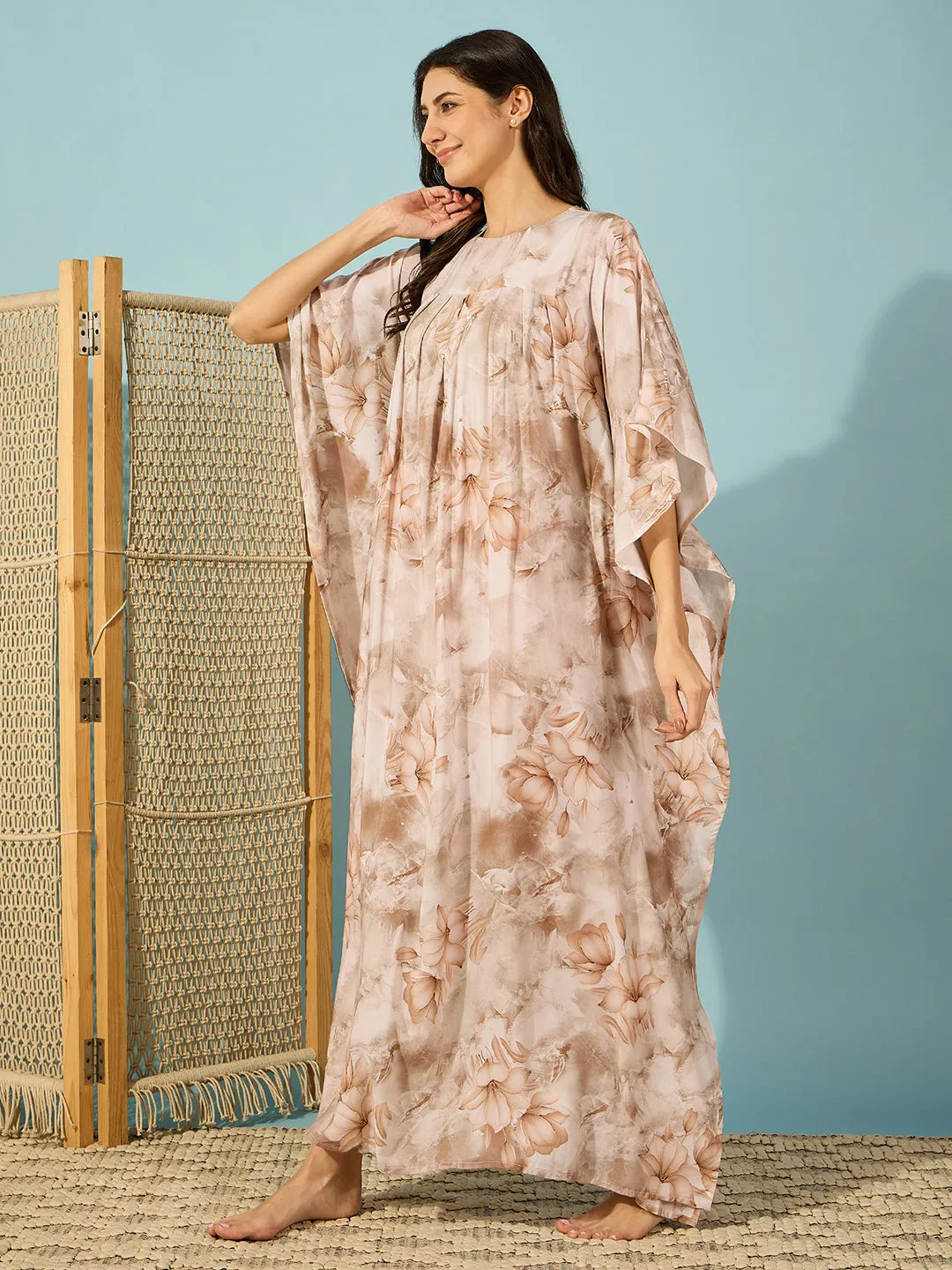 Women's Beige Viscose Rayon Floral Kaftan - The Kaftan Company