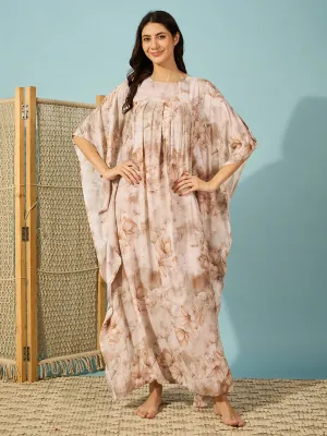 Women's Beige Viscose Rayon Floral Kaftan - The Kaftan Company