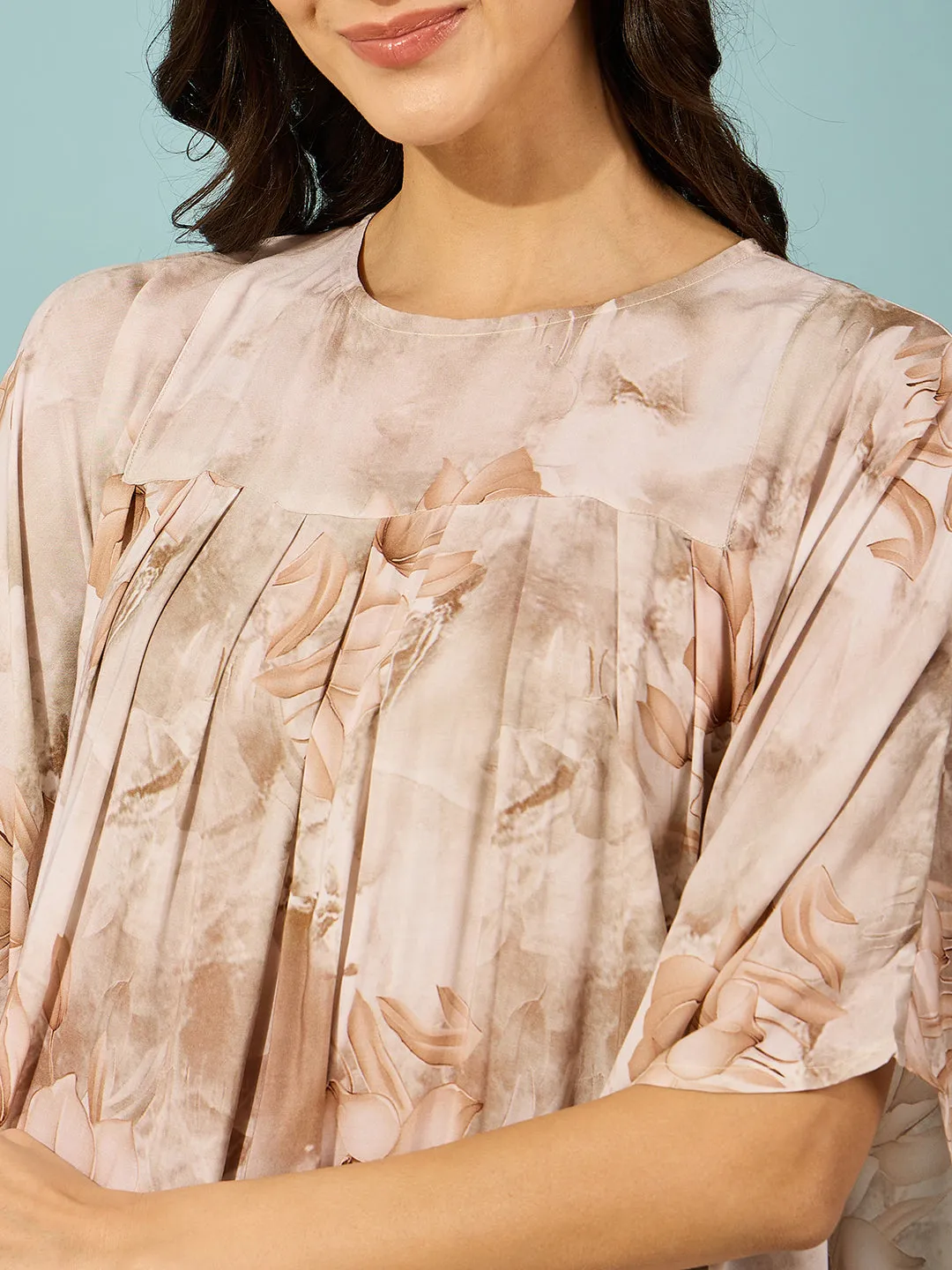 Women's Beige Viscose Rayon Floral Kaftan - The Kaftan Company