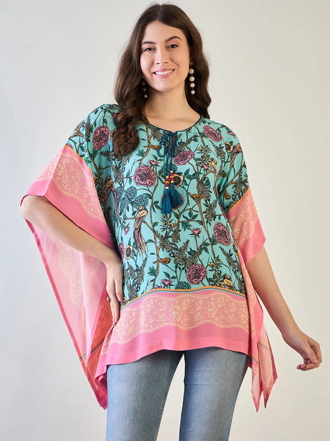 Women's Blue Flora Kaftan Top - The Kaftan Company