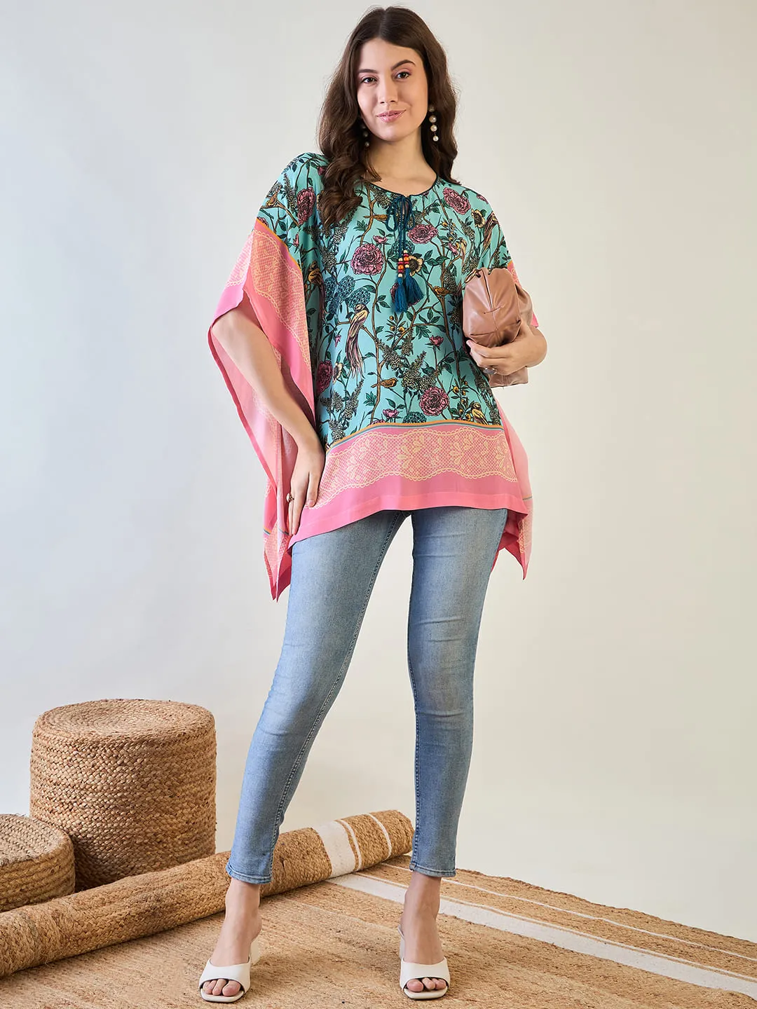 Women's Blue Flora Kaftan Top - The Kaftan Company