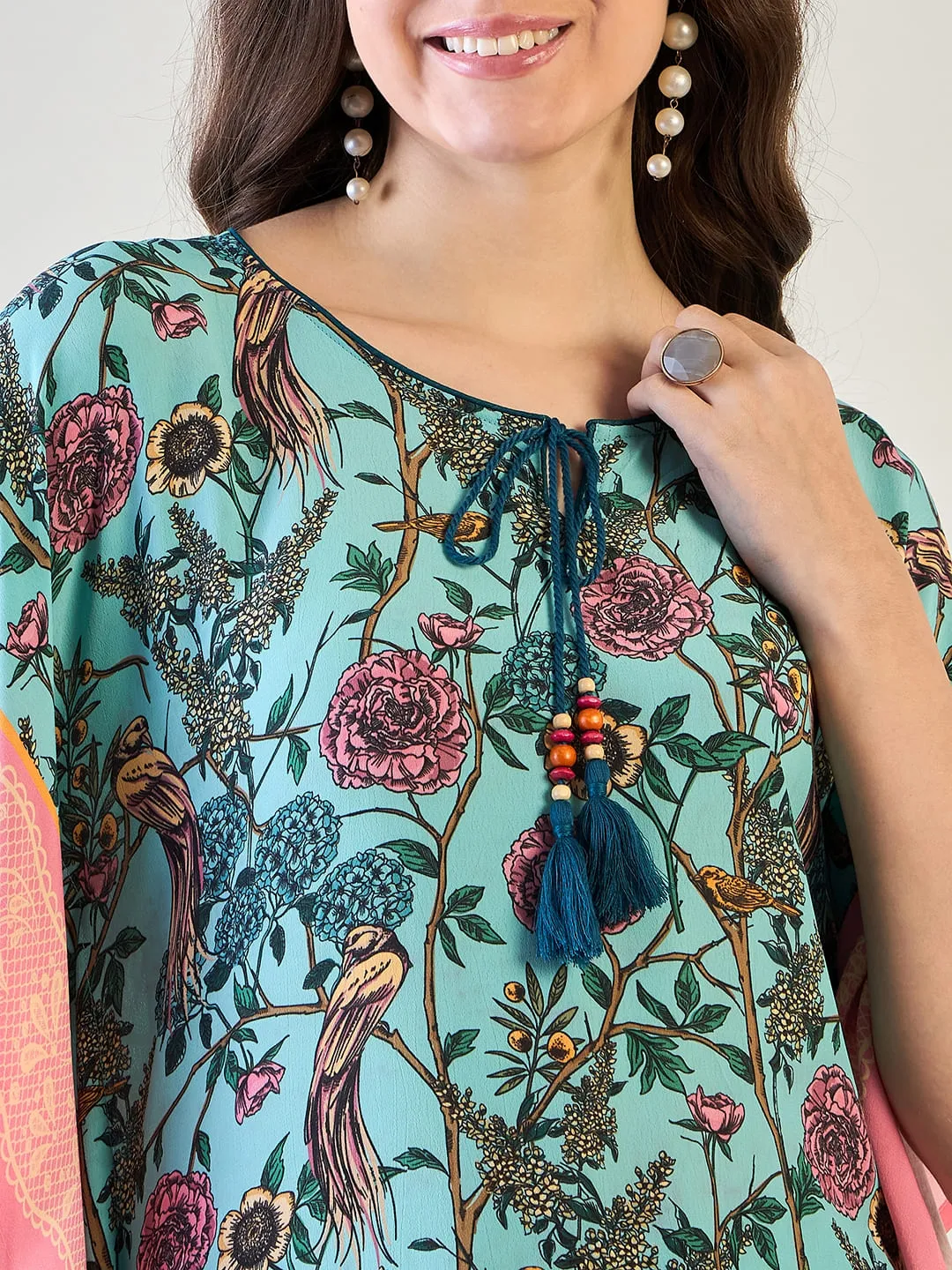 Women's Blue Flora Kaftan Top - The Kaftan Company