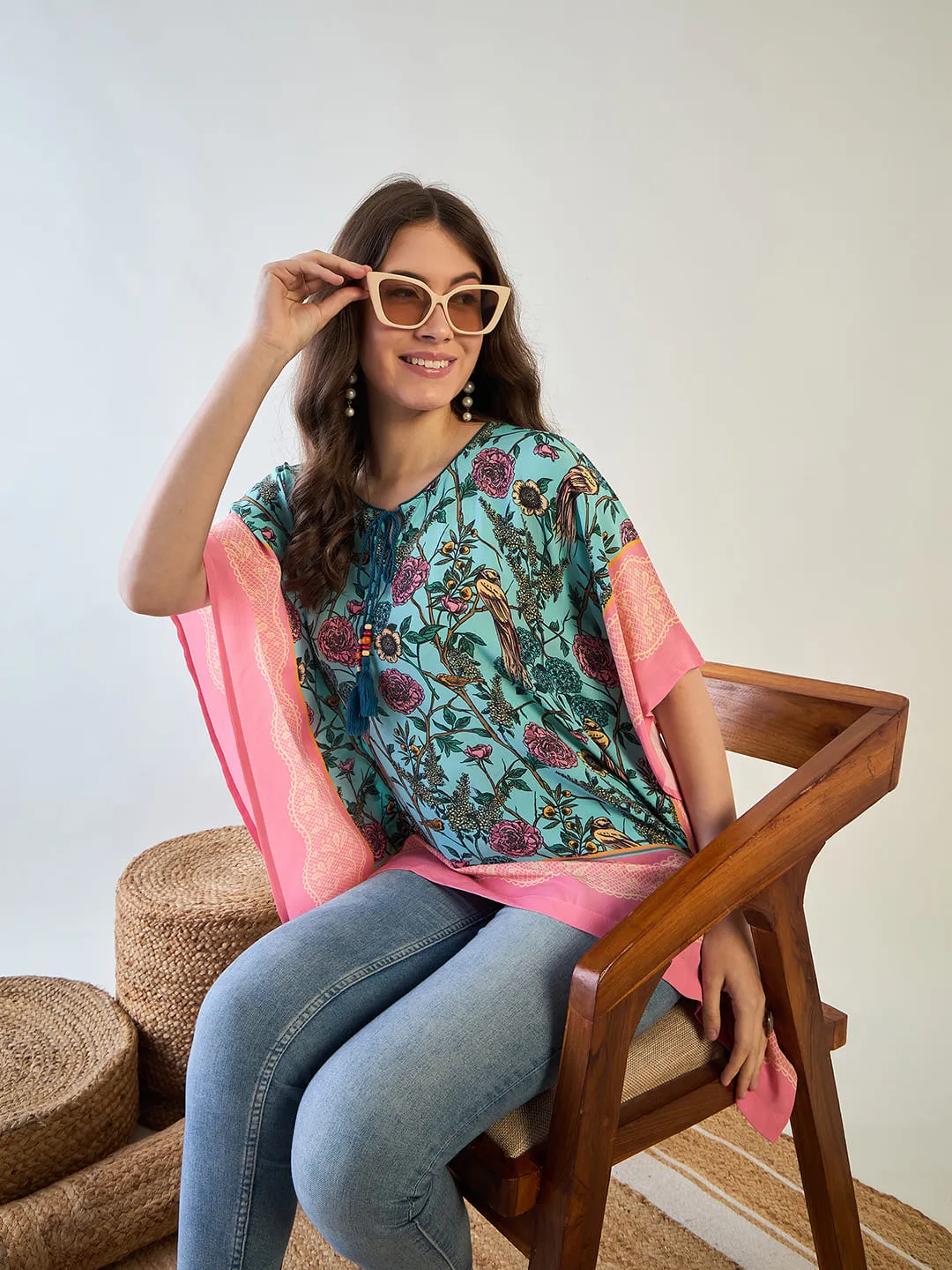 Women's Blue Flora Kaftan Top - The Kaftan Company