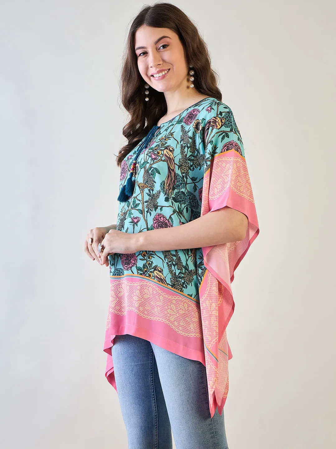 Women's Blue Flora Kaftan Top - The Kaftan Company