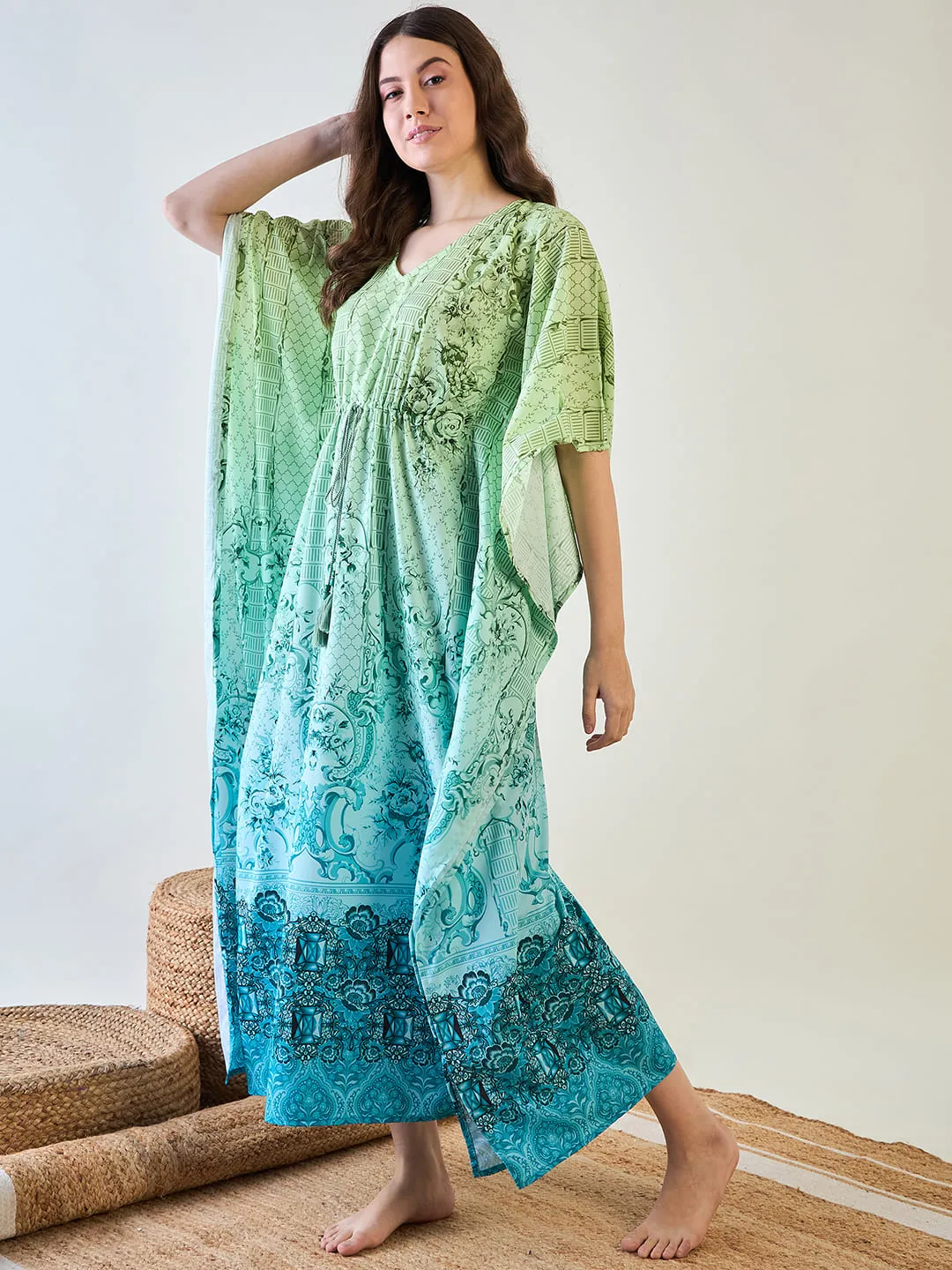 Women's Chic Green And Blue Patterned Kaftan With Tassel Detail - The Kaftan Company