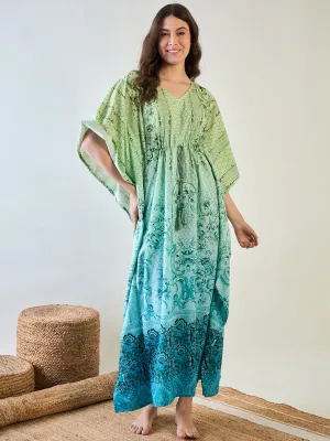 Women's Chic Green And Blue Patterned Kaftan With Tassel Detail - The Kaftan Company