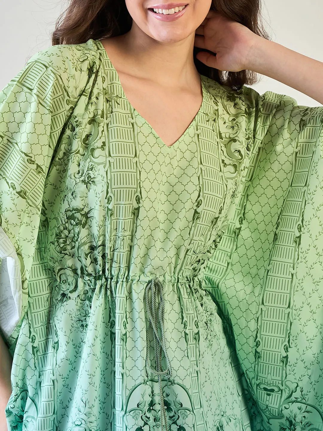 Women's Chic Green And Blue Patterned Kaftan With Tassel Detail - The Kaftan Company