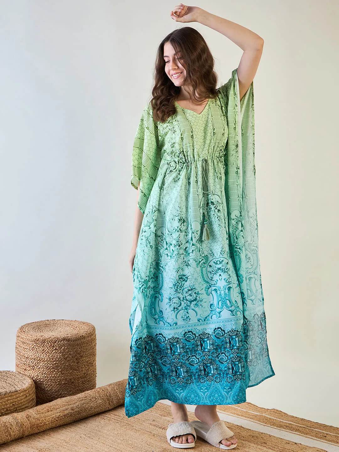 Women's Chic Green And Blue Patterned Kaftan With Tassel Detail - The Kaftan Company