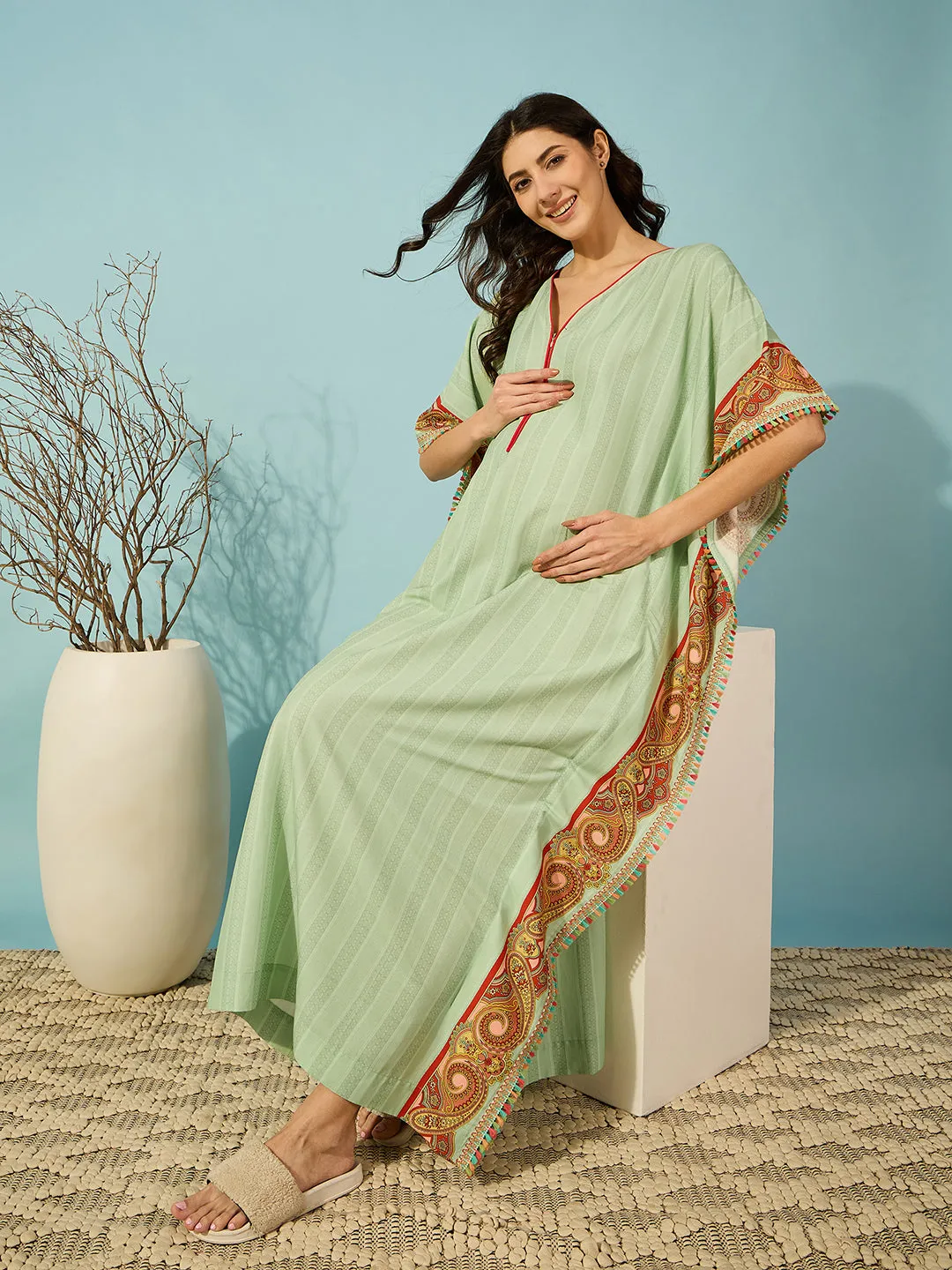 Women's Green Viscose Blend Ethnic Kaftan - The Kaftan Company