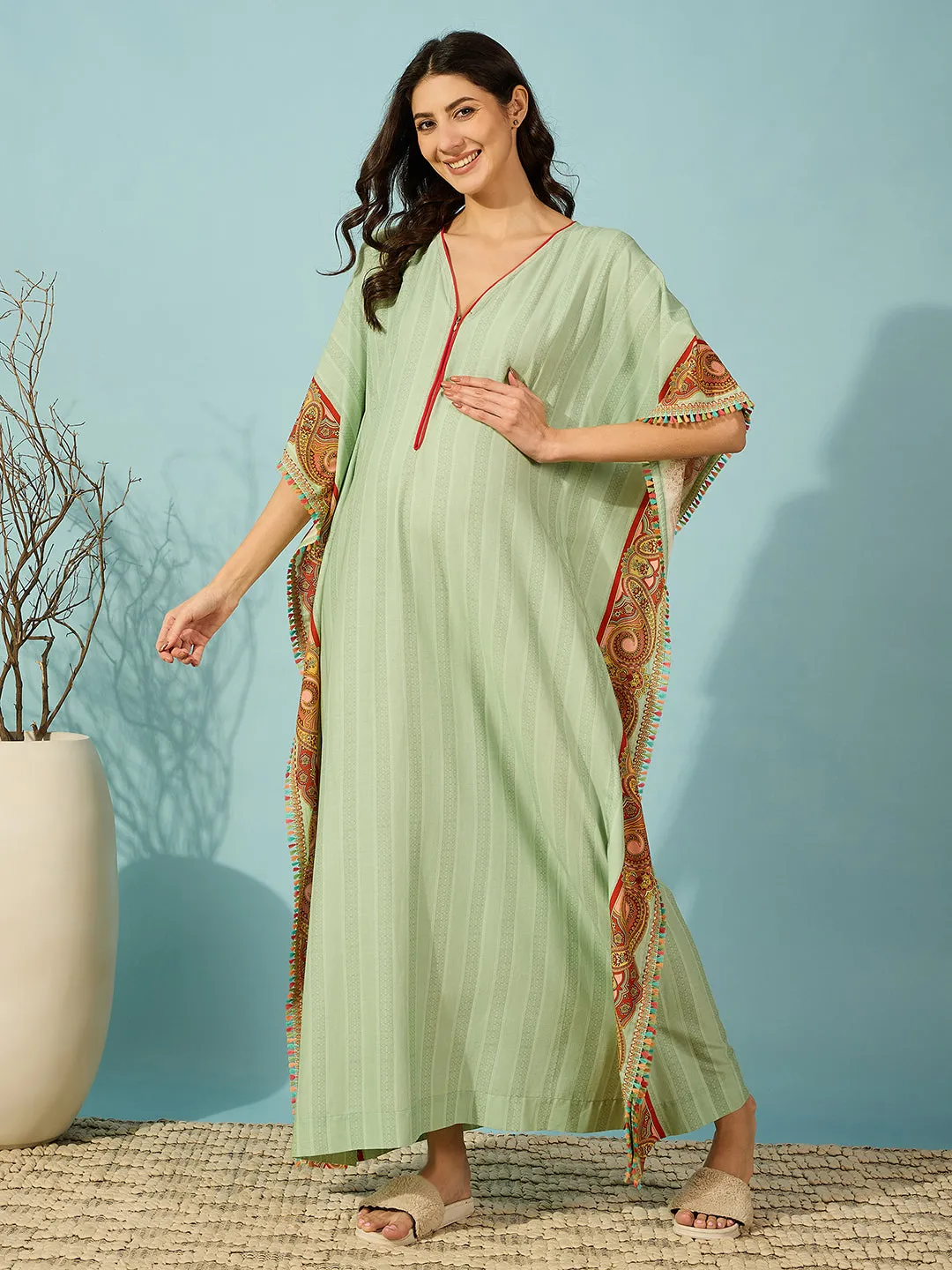 Women's Green Viscose Blend Ethnic Kaftan - The Kaftan Company