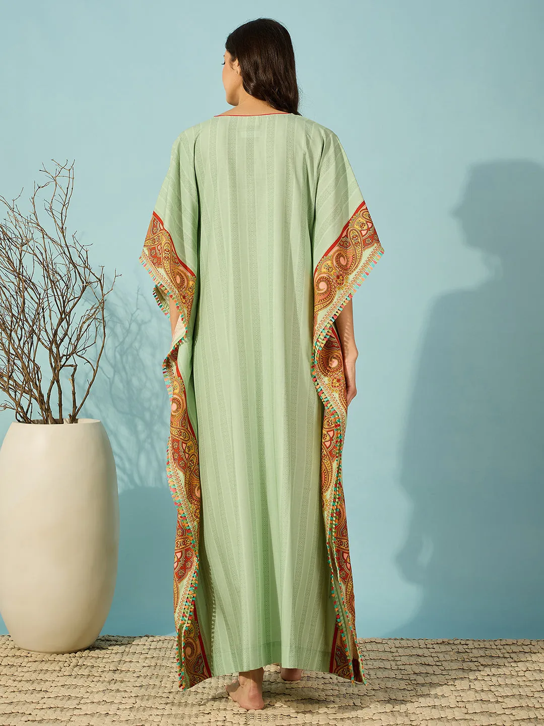 Women's Green Viscose Blend Ethnic Kaftan - The Kaftan Company