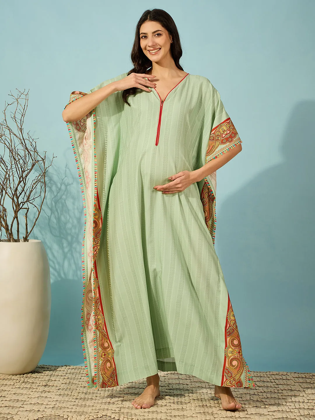 Women's Green Viscose Blend Ethnic Kaftan - The Kaftan Company