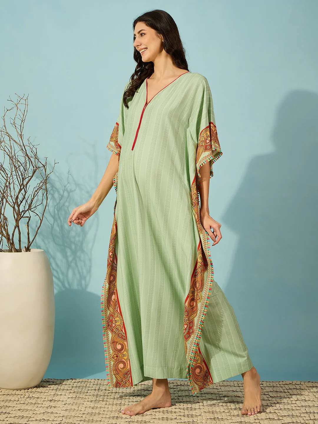 Women's Green Viscose Blend Ethnic Kaftan - The Kaftan Company