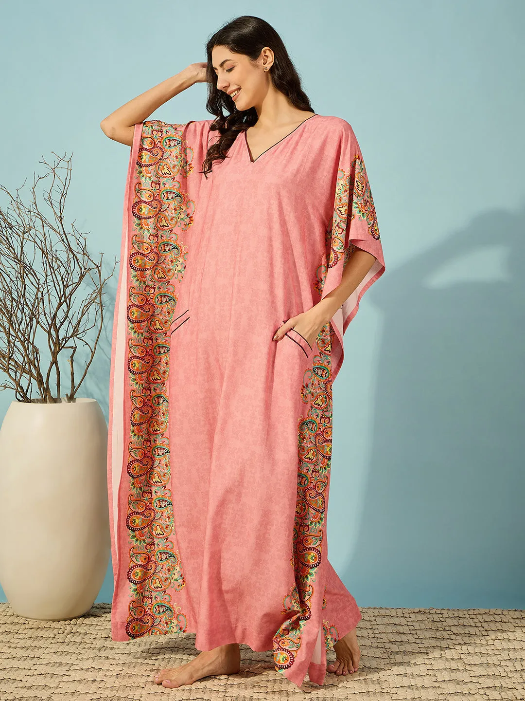 Women's Pink Viscose Blend Ethnic Kaftan - The Kaftan Company