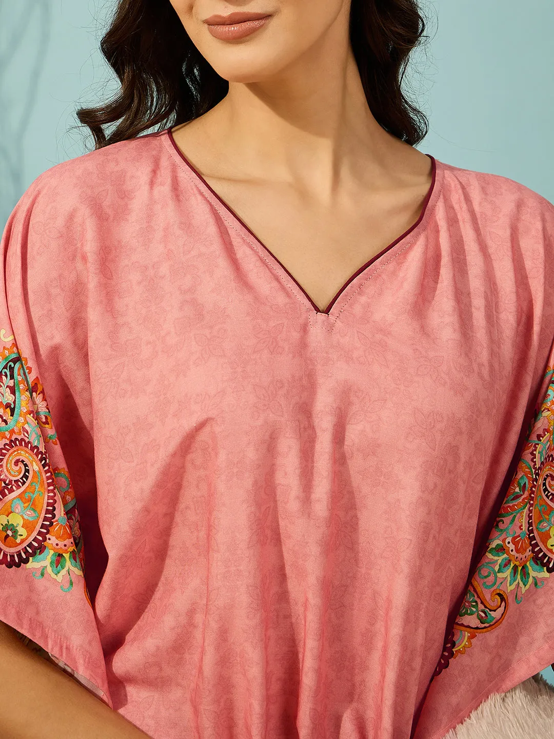 Women's Pink Viscose Blend Ethnic Kaftan - The Kaftan Company