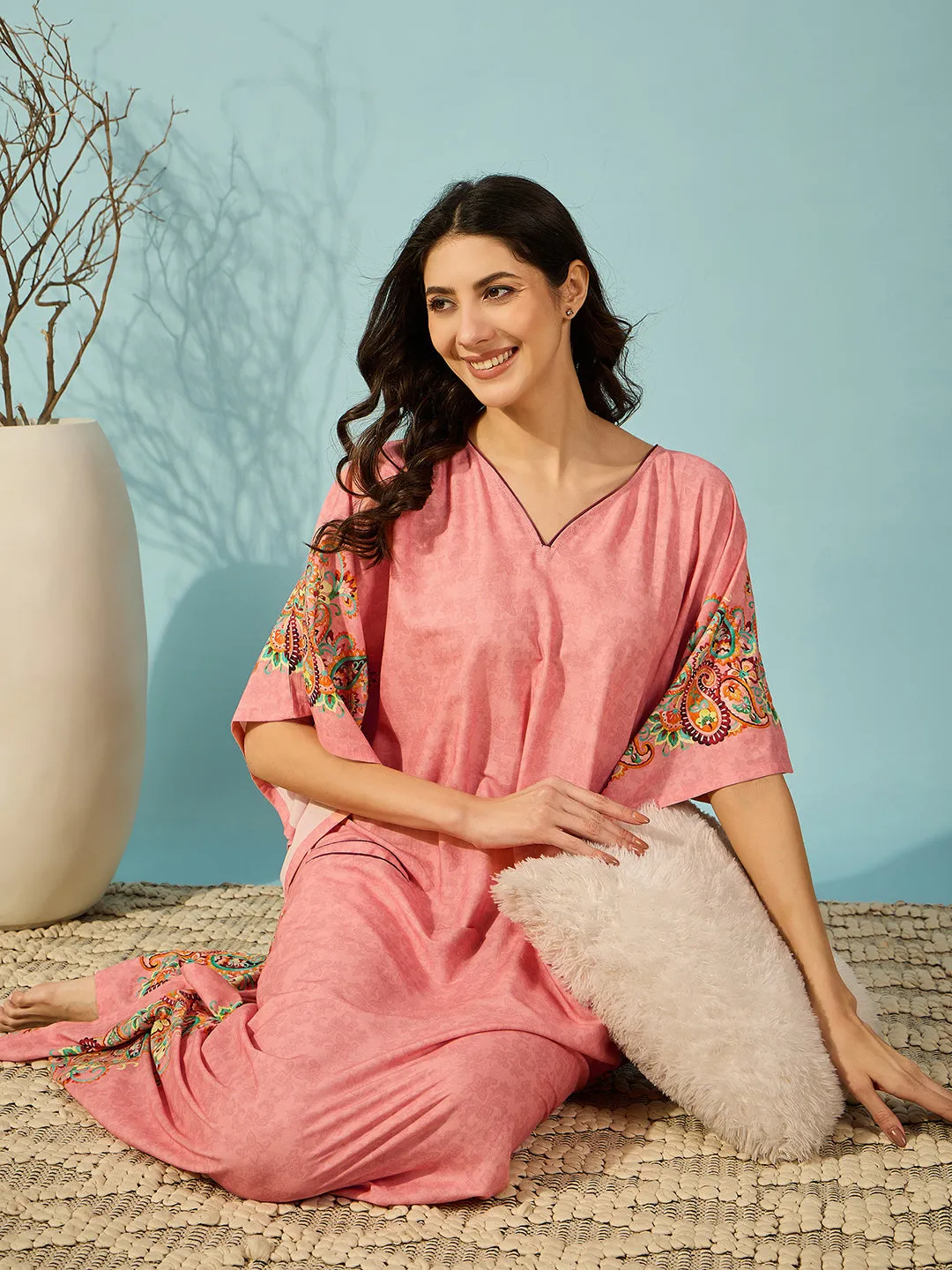 Women's Pink Viscose Blend Ethnic Kaftan - The Kaftan Company