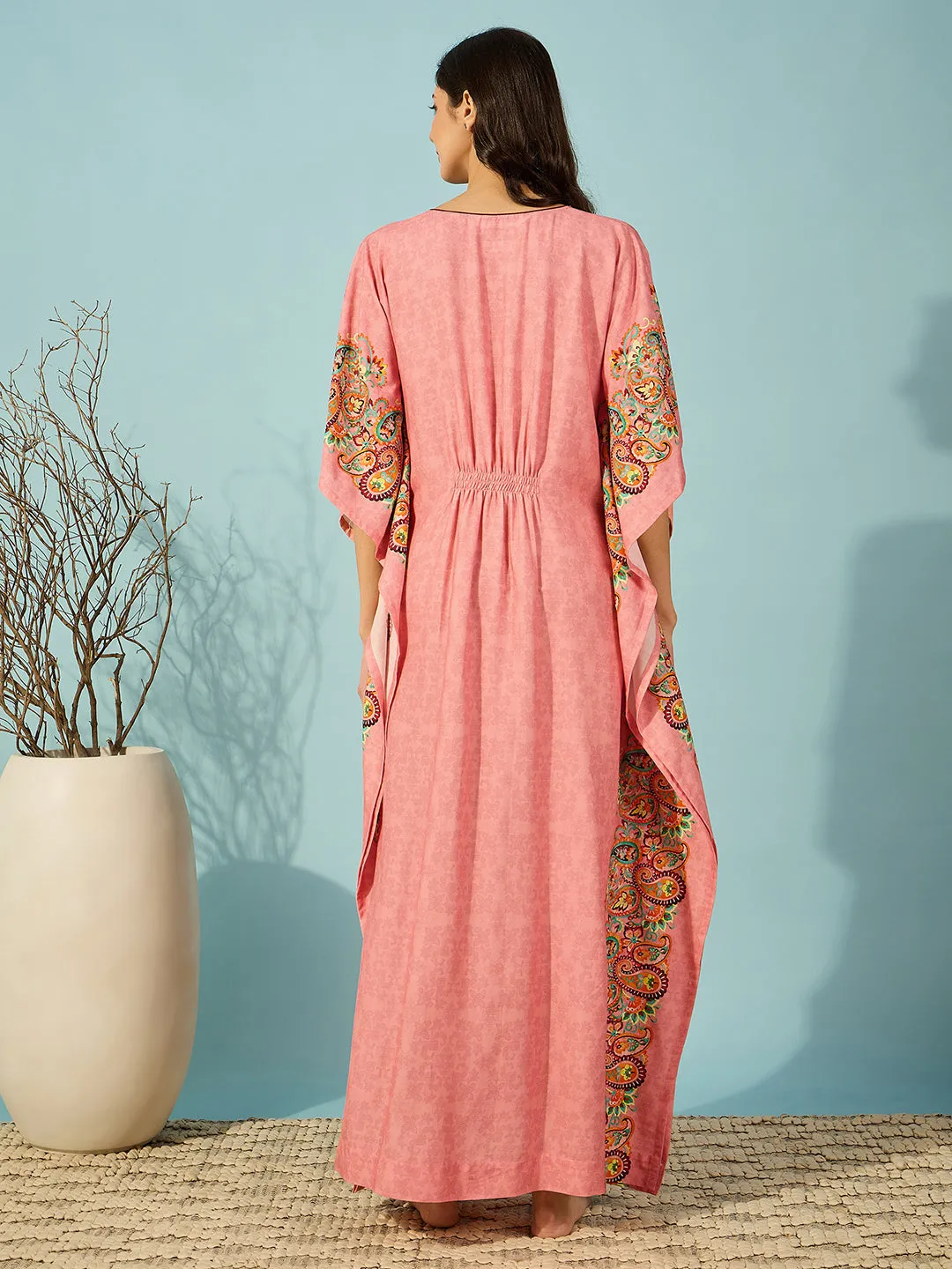 Women's Pink Viscose Blend Ethnic Kaftan - The Kaftan Company