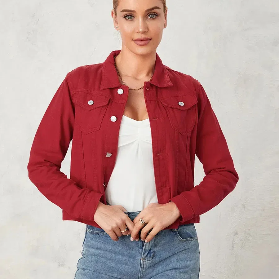 Wsevypo Women's Casual Denim Jackets Solid Color Autumn Outerwear