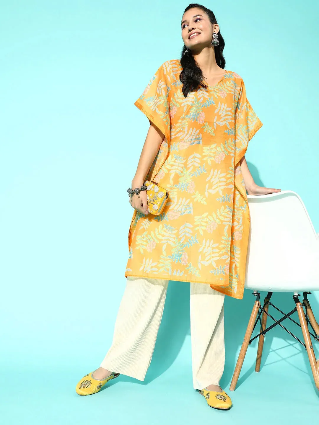 Yellow Muslin Silk Ethnic Motif Print Kaftan Kurta