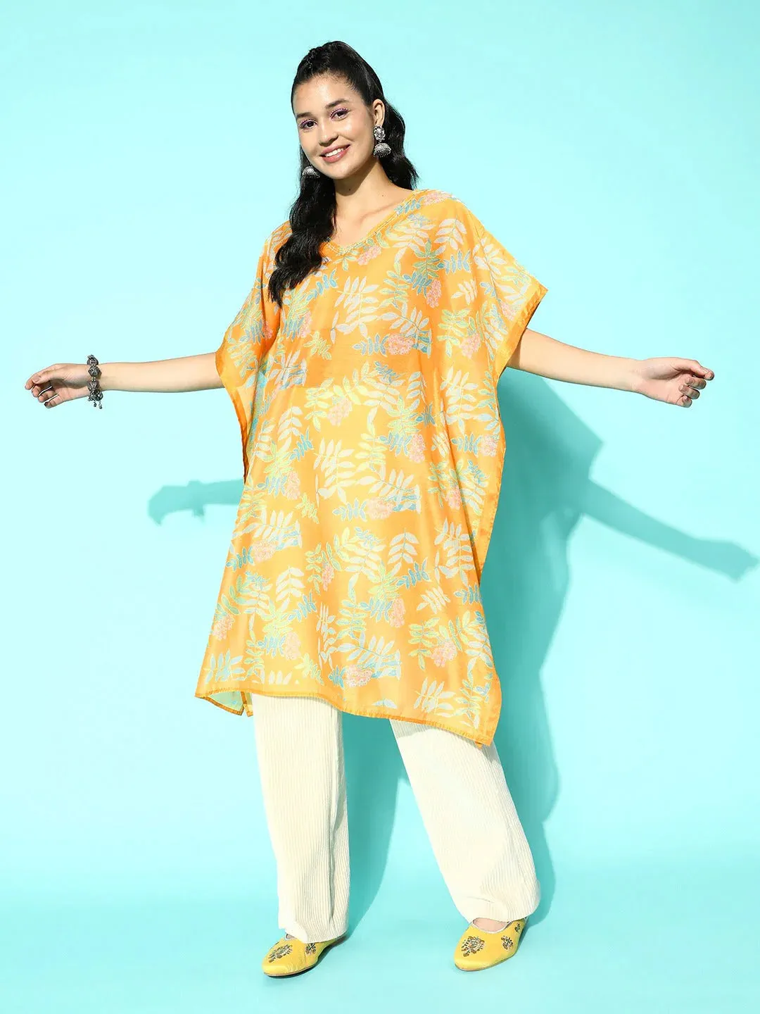 Yellow Muslin Silk Ethnic Motif Print Kaftan Kurta