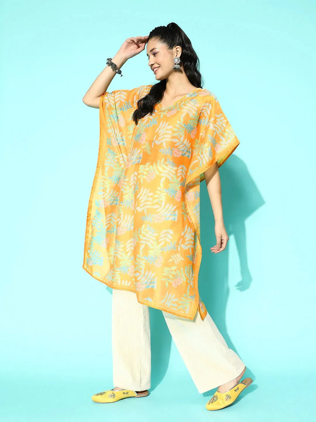 Yellow Muslin Silk Ethnic Motif Print Kaftan Kurta