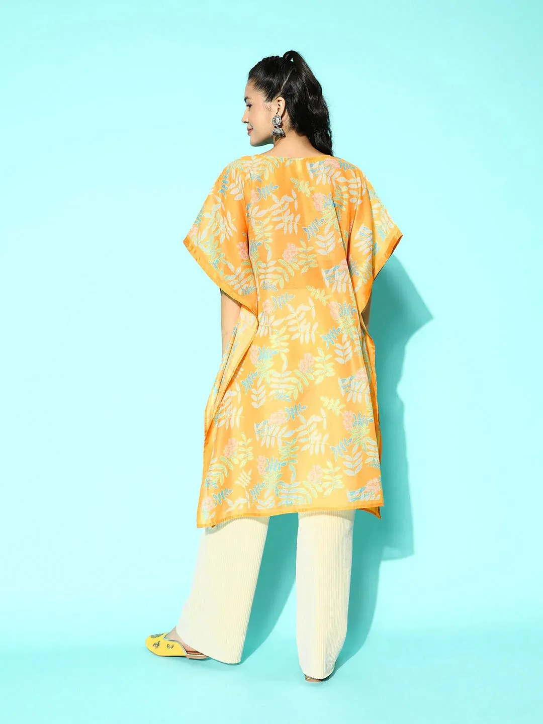 Yellow Muslin Silk Ethnic Motif Print Kaftan Kurta