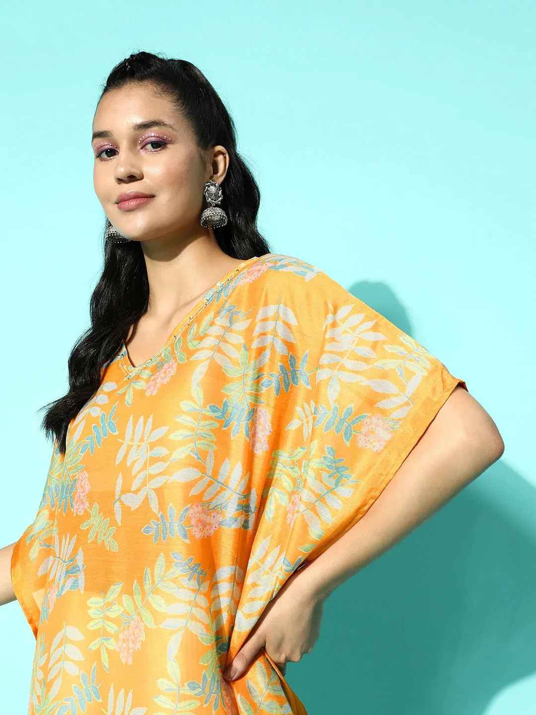 Yellow Muslin Silk Ethnic Motif Print Kaftan Kurta